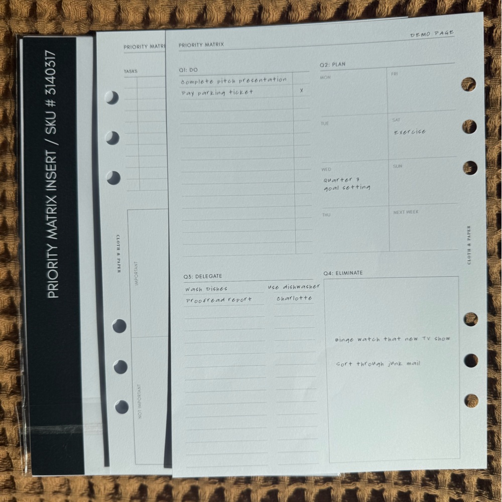 Cloth & Paper Priority Matrix Planner Inserts | A5